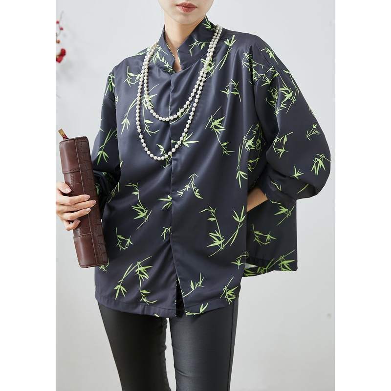 Vintage Black Oversized Bamboo Leaf Print Silk Shirt Spring