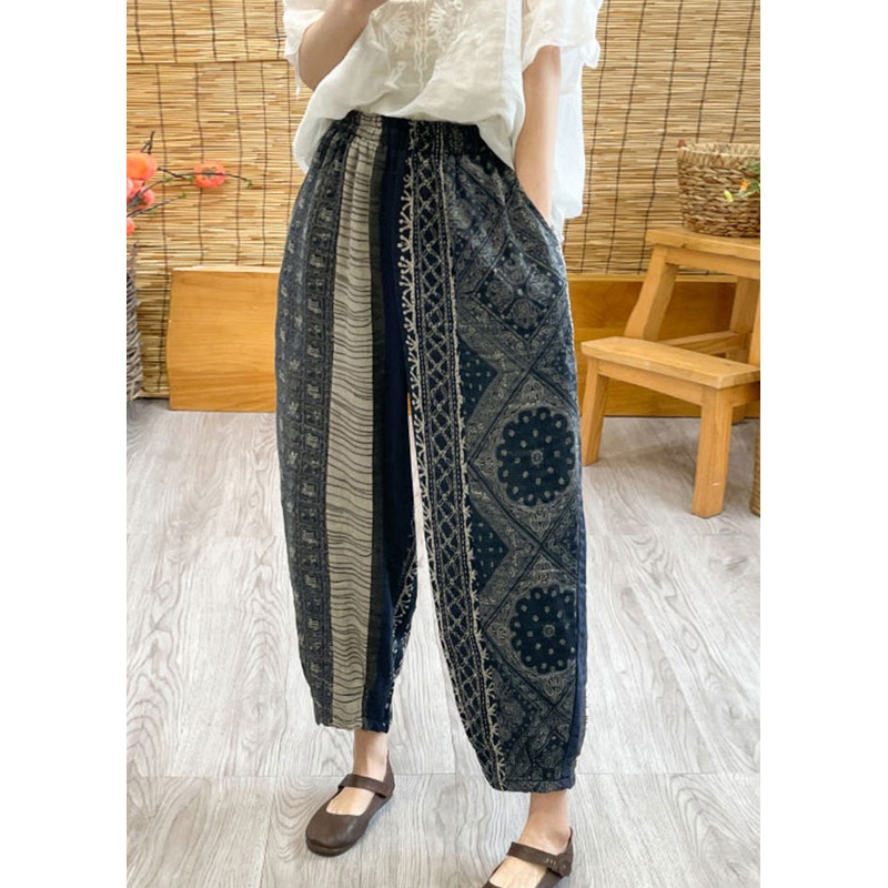 Vintage Black Oversized Print Linen Harem Pants Spring