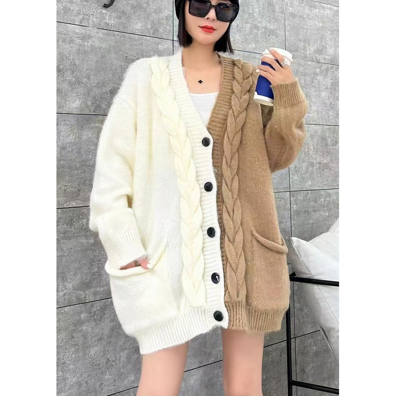 Women Beige V Neck Pockets Button Patchwork Knit Cardigan Spring