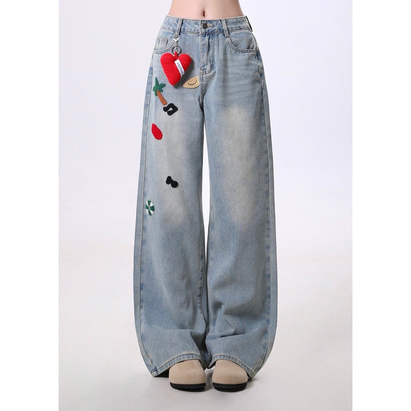 Women Blue Embroidered Pockets Denim Pants Spring