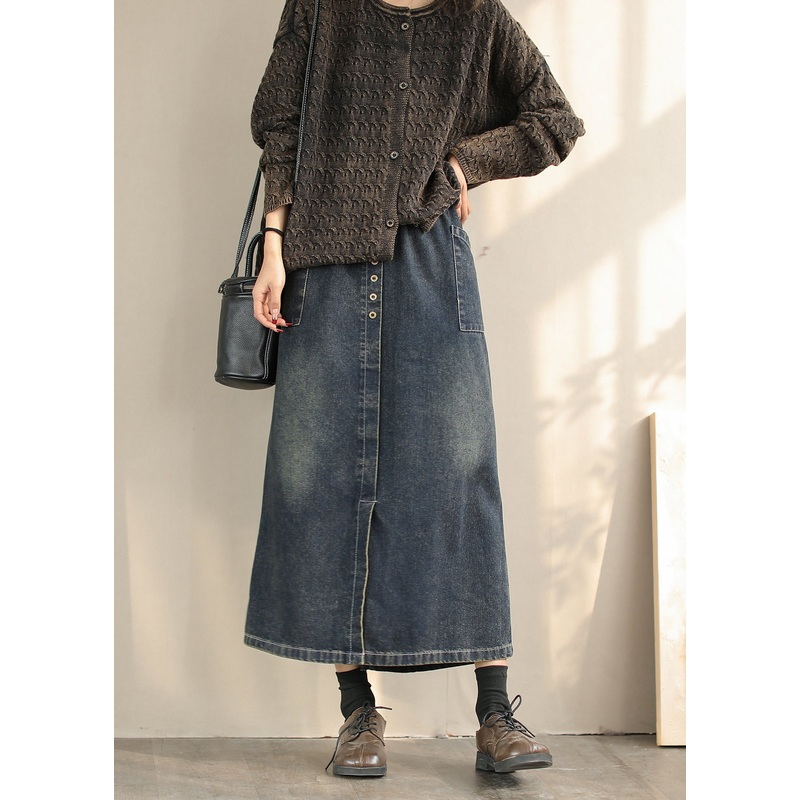 Women Blue Side Open Denim A Line Skirts Spring