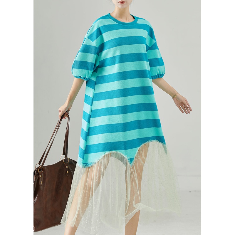 Women Blue Striped Patchwork Tull Robe Dresses Summer