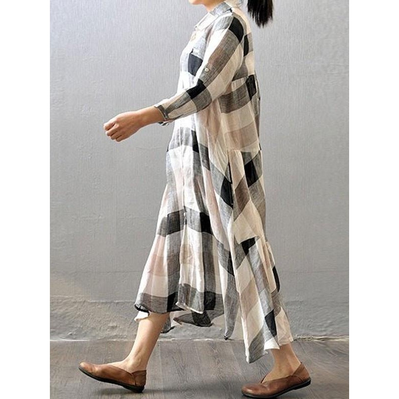 Women cotton linen shirt dress summer 3/4 sleeve