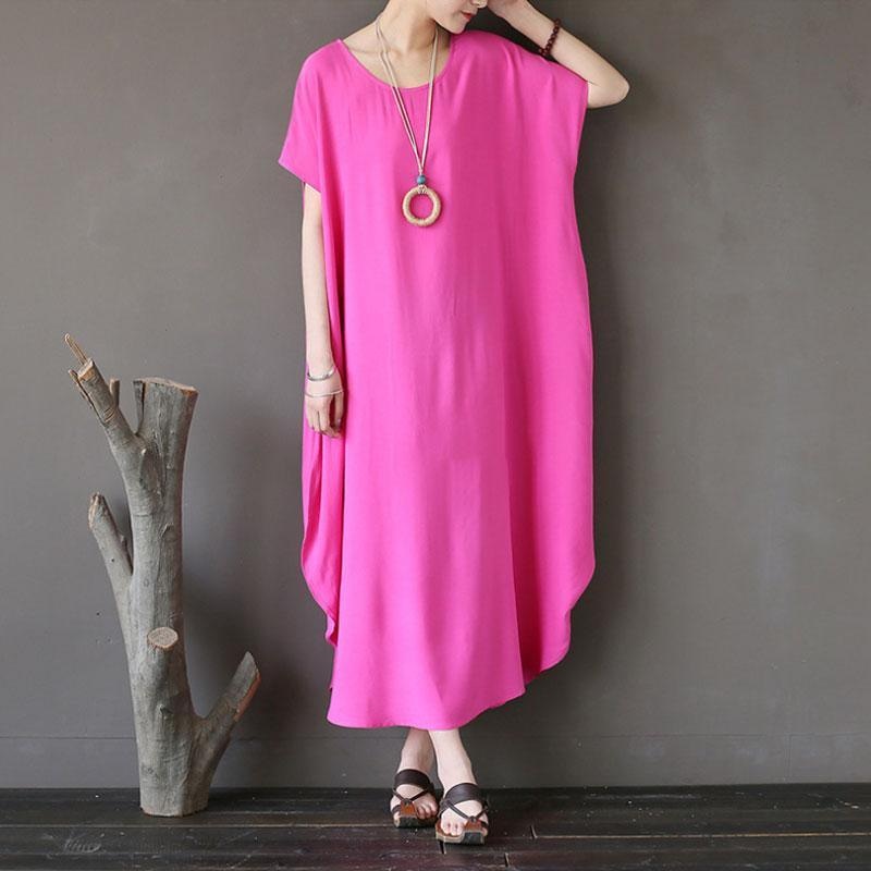 Women Cotton Short Sleeve Plain Pink Loose Dress