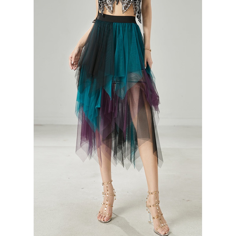 Women Gradient Blue Asymmetrical Tulle Skirt Summer