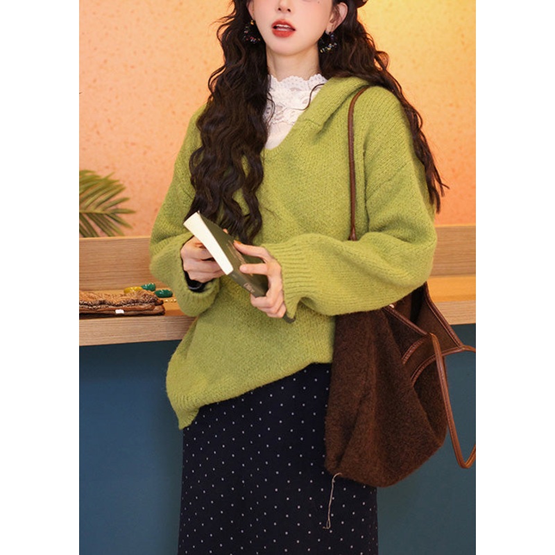 Women Green Hooded Loose Knit Sweaters Spring