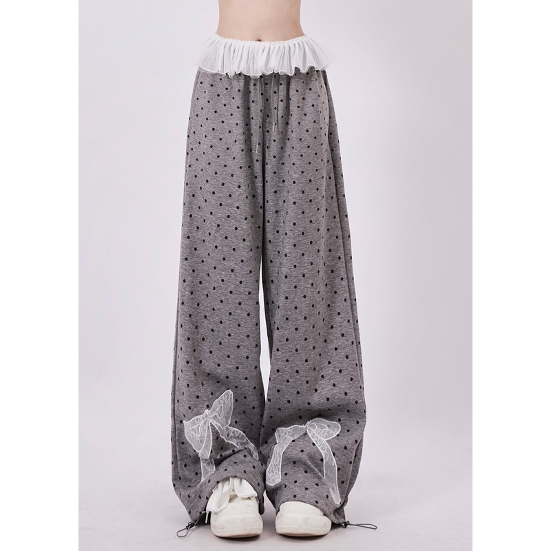 Women Grey Dot Bow Lace Patchwork Cotton Wide Leg Pants Spring