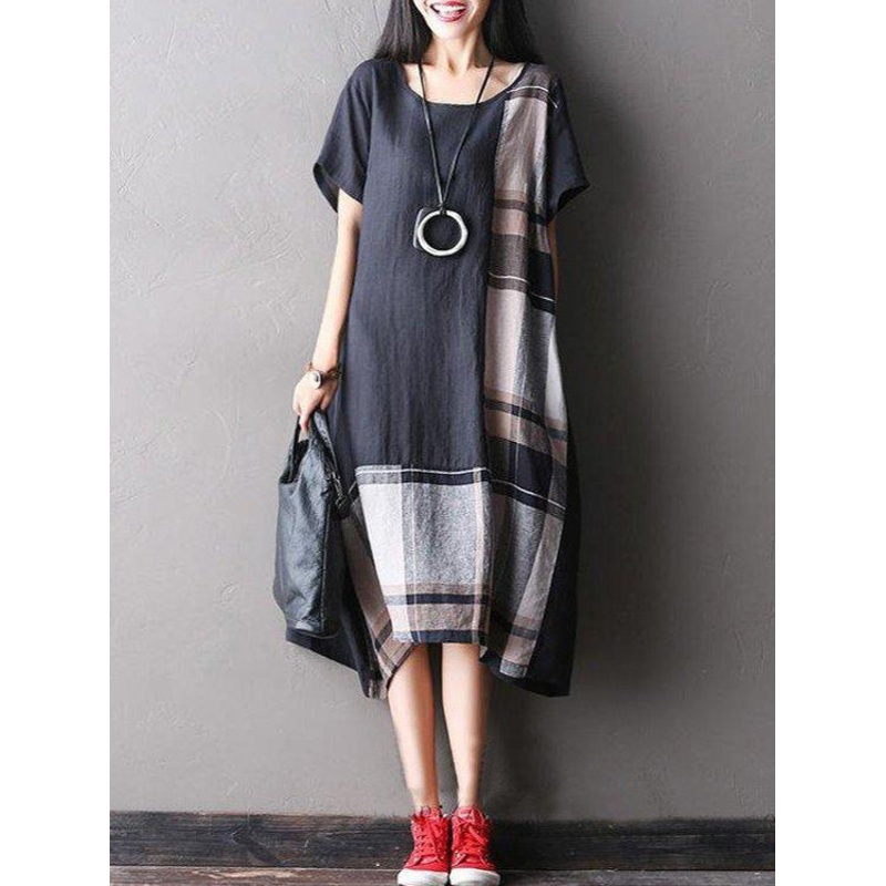 Women Summer Short Sleeve Loose Cotton Linen Dress