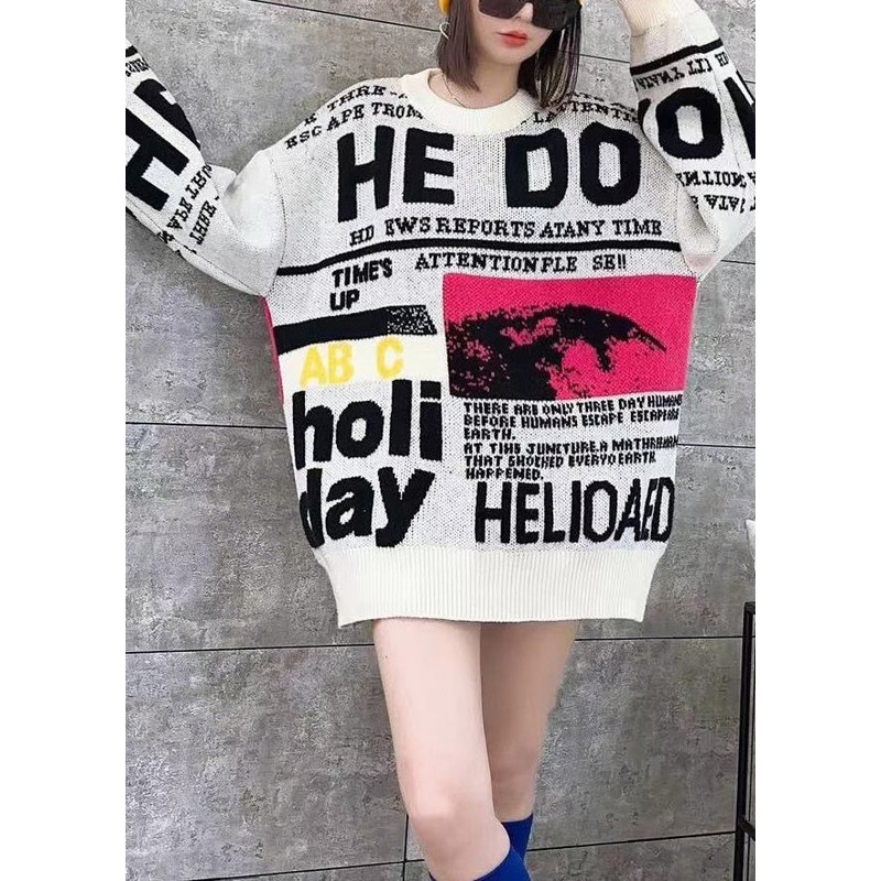Women White O Neck Graphic Plus Size Knit Sweater Spring