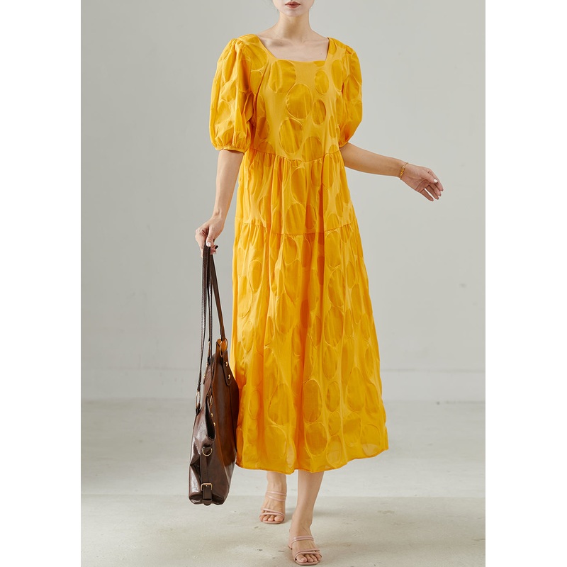 Women Yellow Square Collar Cotton Holiday Dress Summer