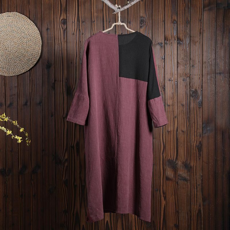Casual Linen Women Split Spliced Red Dress
