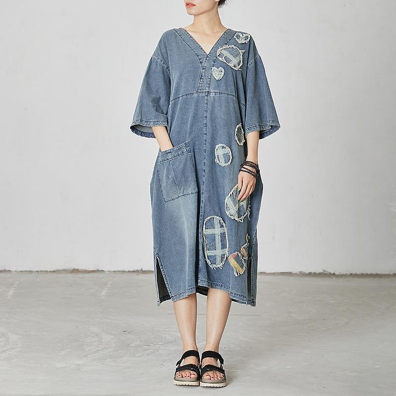 Casual Patchwork Burr Split Denim Dress