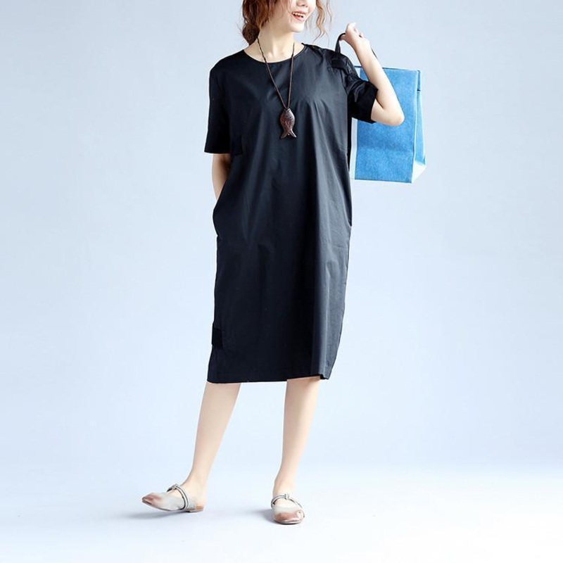 Cotton Women Splicing Short Sleeves Black Dress