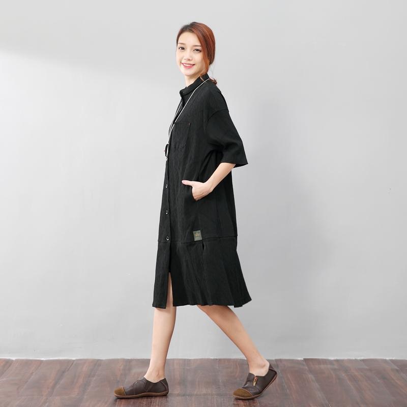 Fashion Polo Collar Single Breasted Back Splicing Women Black Dress