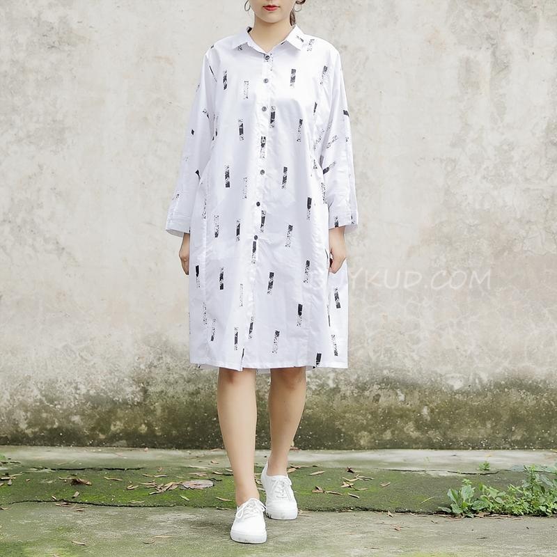 Long Sleeve Printed Polo Collar White Women Dress