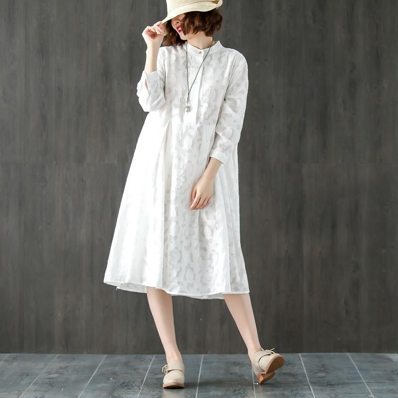 Long Sleeve Stand Collar Loose White Pleated Dress