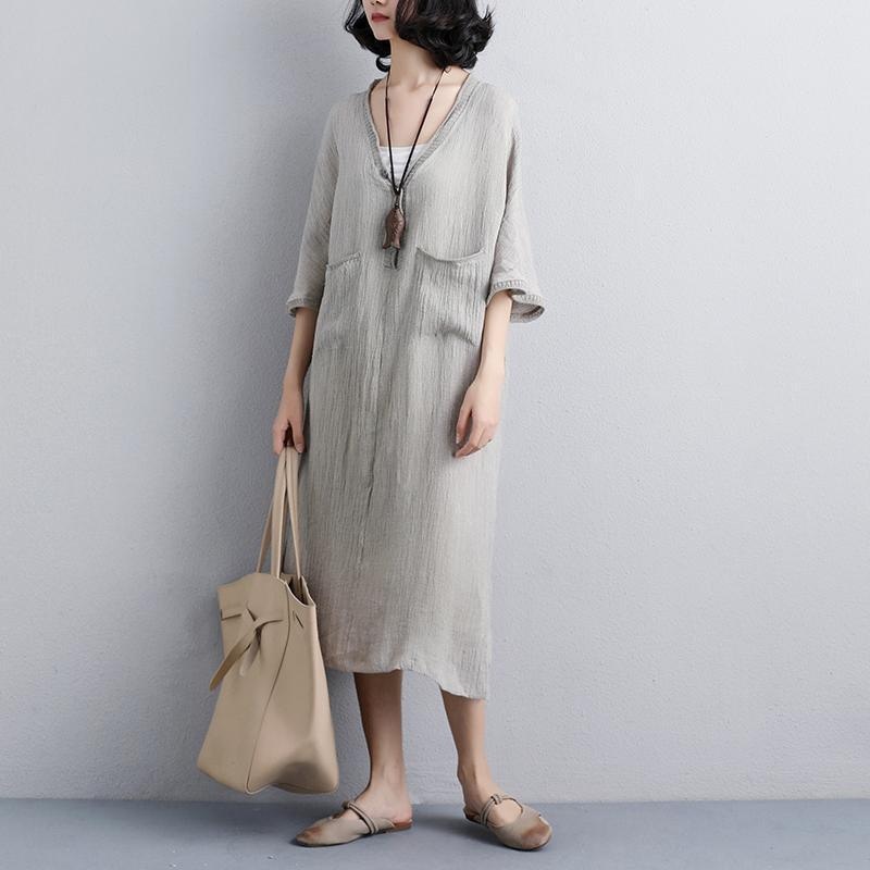 Loose V Neck 1/2 Sleeve Gray Knitting Dress