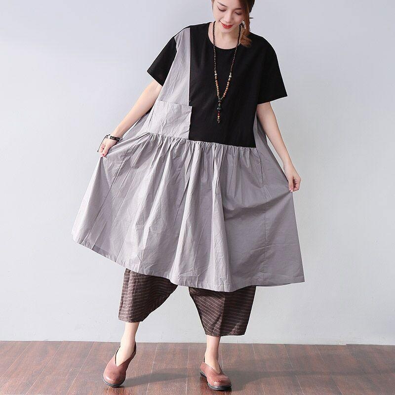 Novelty Cotton Pocket Short Sleeves Women Black Dress