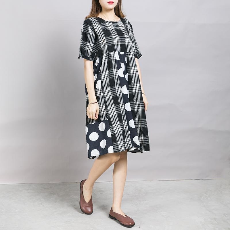 Plaid Spliced Dot Comfortable Cotton Dress