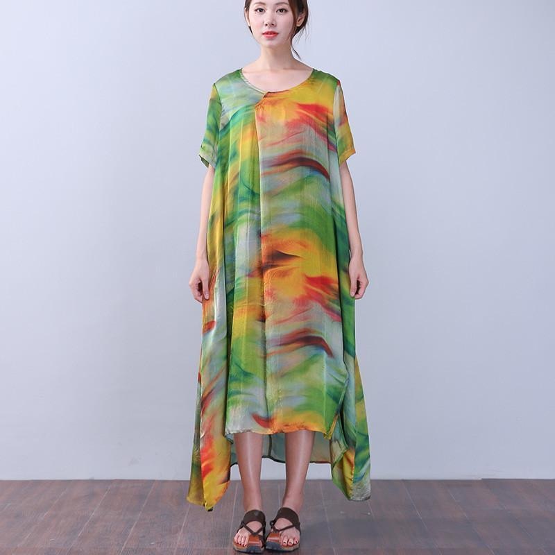 Retro Slit Printing Silk Women Short Sleeves Green Dress