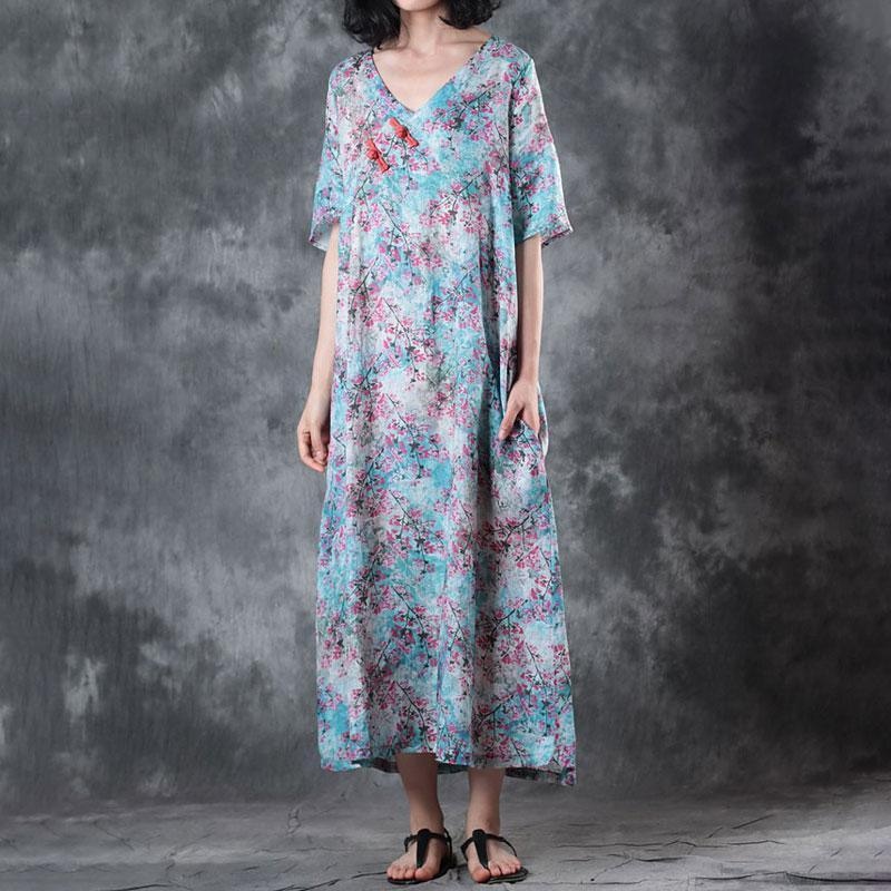 Retro V Neck Short Sleeve Printed Ramie Dress
