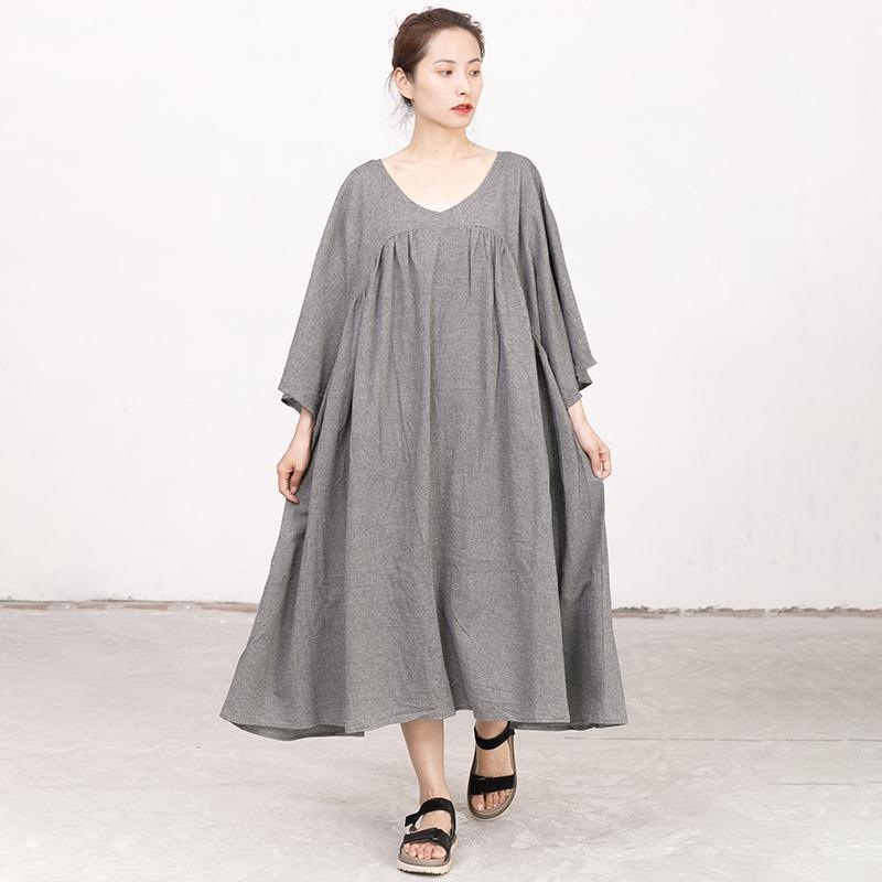 Retro V Neck Three Quarter Sleeve Loose Gray Dress
