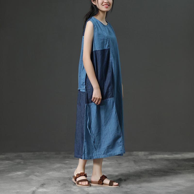 Sleeveless Summer Blue Commuter Cotton Dress