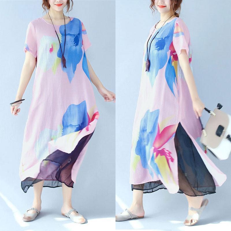 Splitting Women Summer Printing Loose Casual Linen Pink Dress