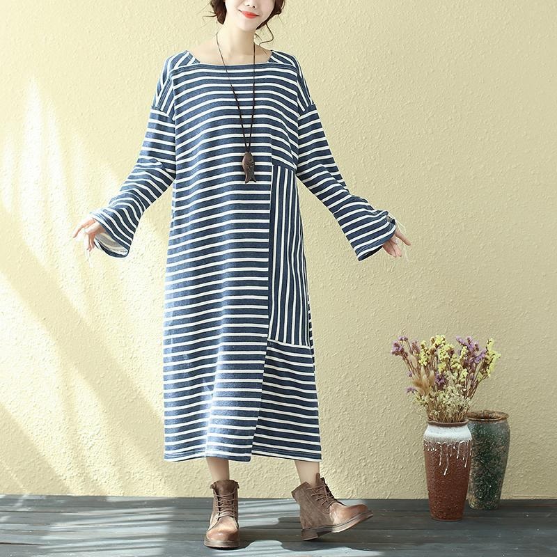 Square Neck Long Sleeve Lacing Blue Stripe Splitting Dress For Women