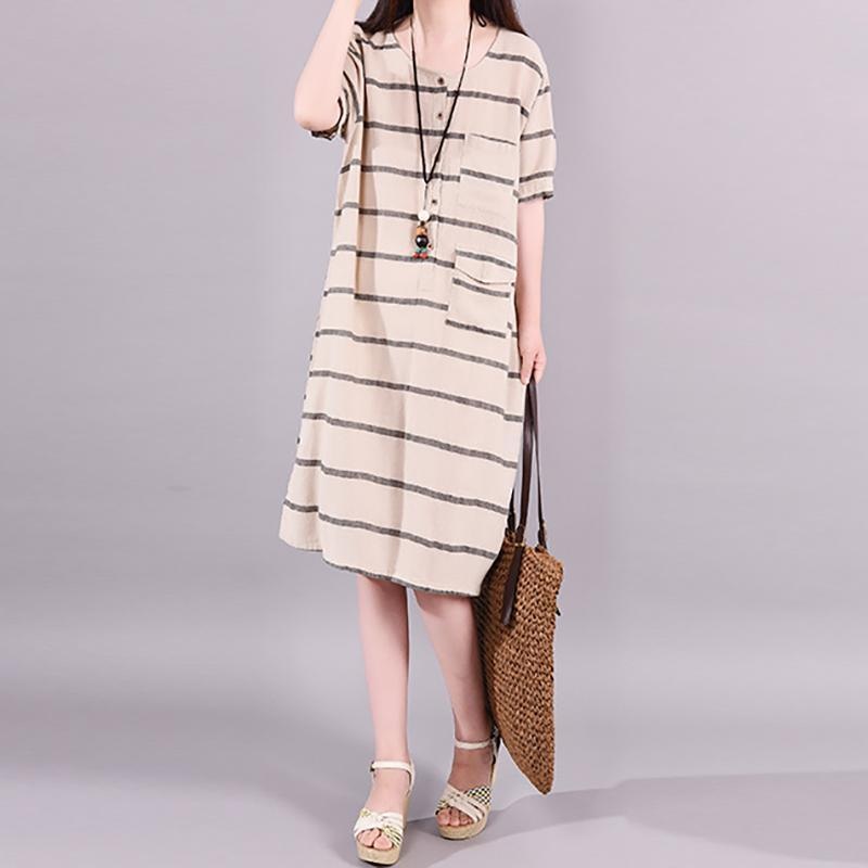 Striped Short Sleeve Elegant Round Collar Dress