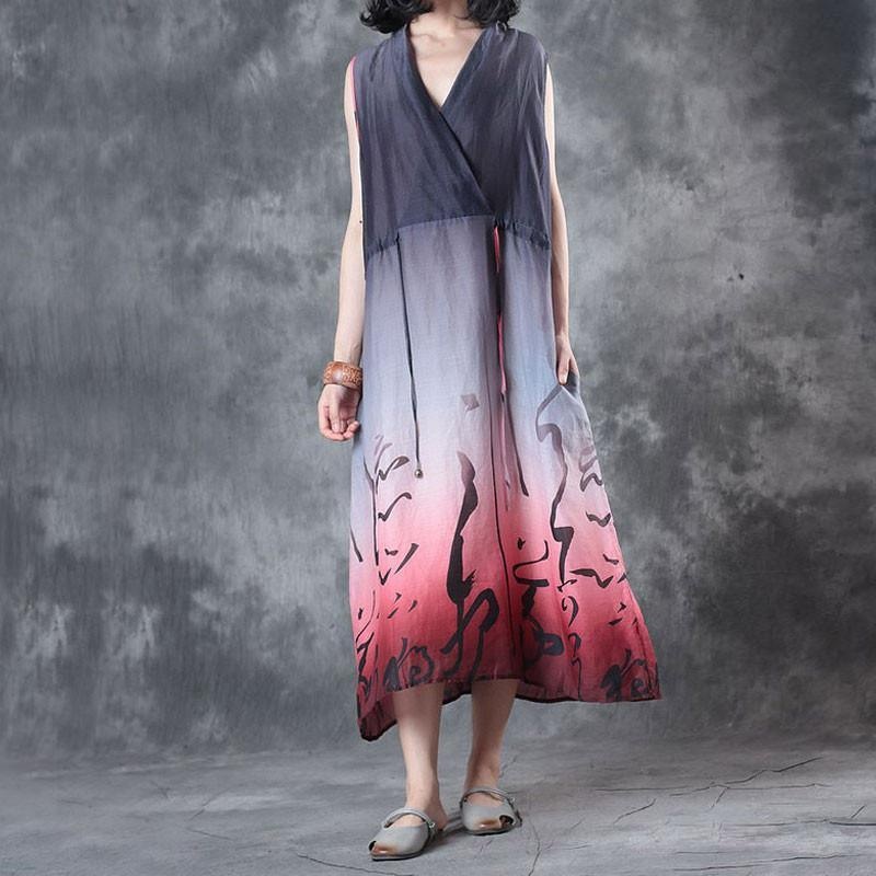 V Neck Ramie Gradient Color Sleeveless Loose Women Dress