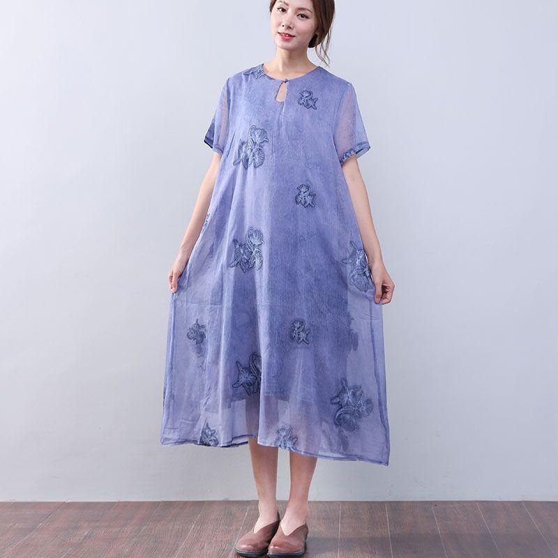 Women Retro Loose Casual Cotton Short Sleeves Jacquard Purple Dress ( Limited Stock)