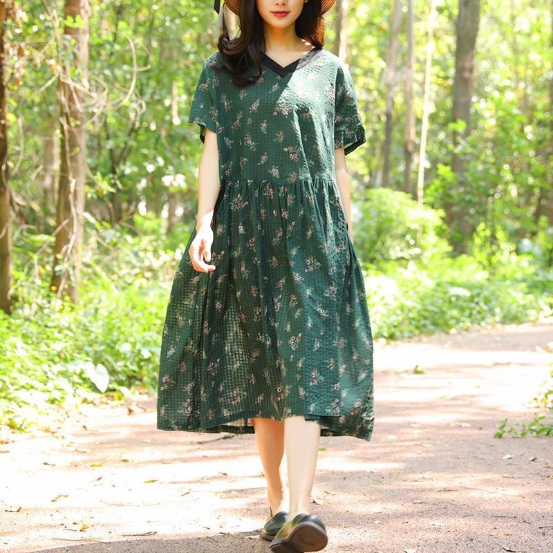 Women Retro Short Sleeve Pockets Printing Pleated Green Dress
