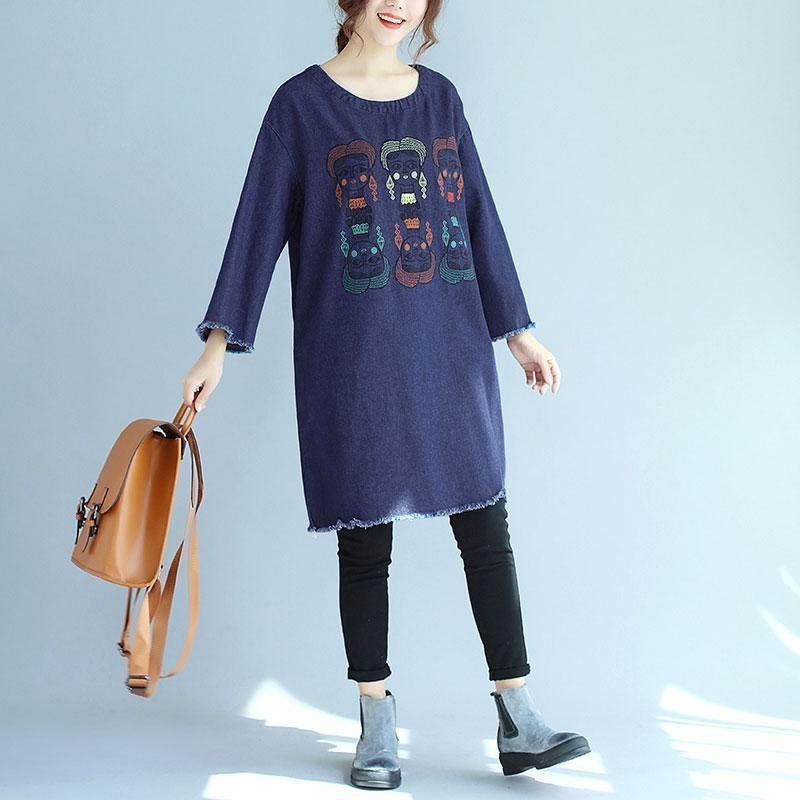 Women's Round Neck Long Sleeve Blue Denim Shirt
