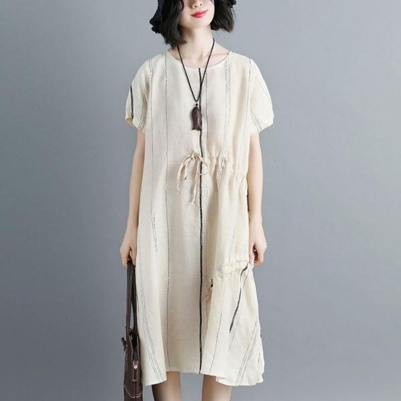 Women Short Sleeve Stripe White Drawstring Dress