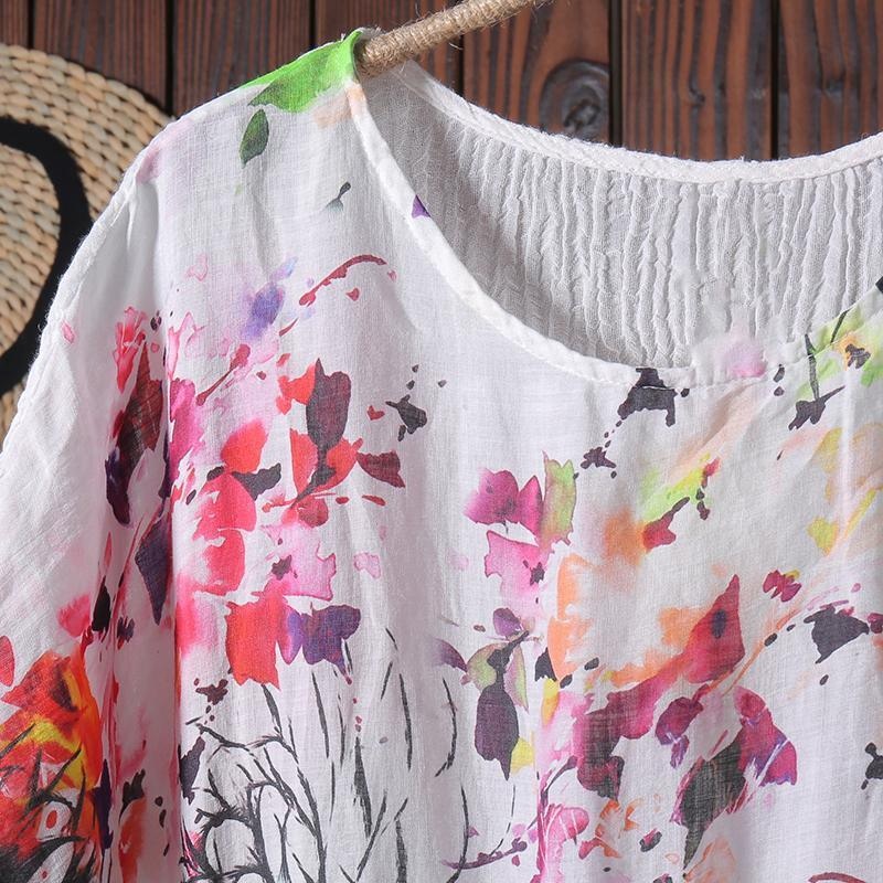 Women Splicing Printing Floral Linen Summer Dress