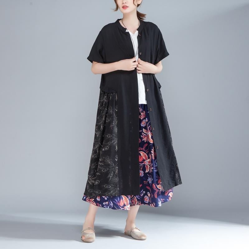 Women Stand Collar Single Breasted Short Sleeve Black Dress