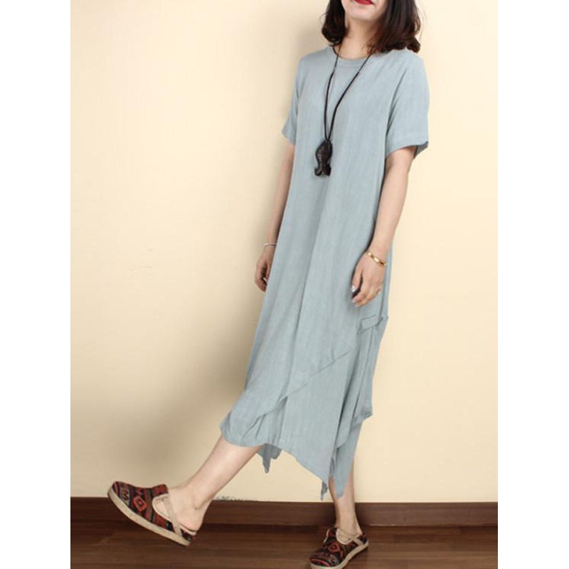 Women Summer Cotton Linen Short Sleeve Irregular Dress
