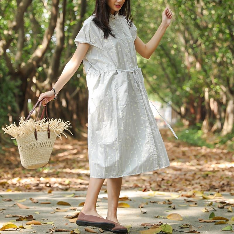 Women Summer Polo Collar Pockets Printing Lacing Short Sleeve Dress