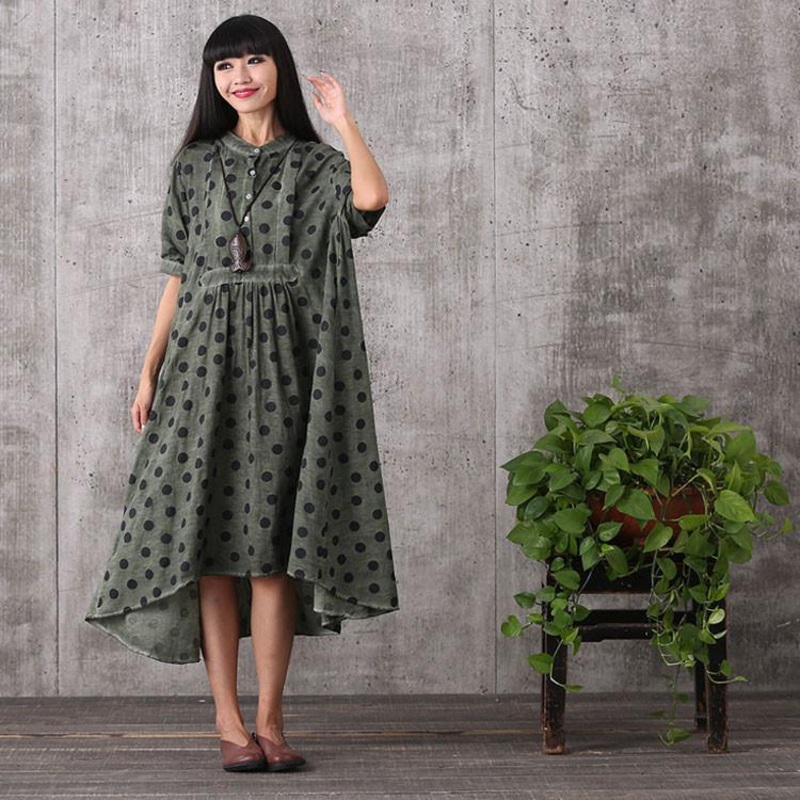 Women summer short sleeve irregular loose linen dress