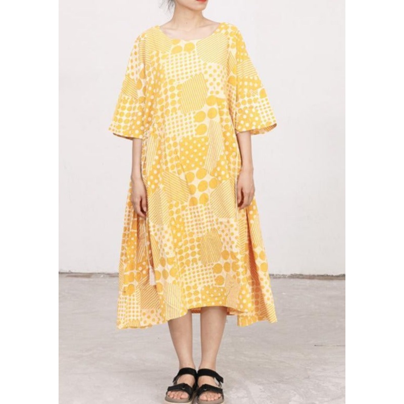 Yellow Cotton Short Sleeves Summer Casual Pleated Dress