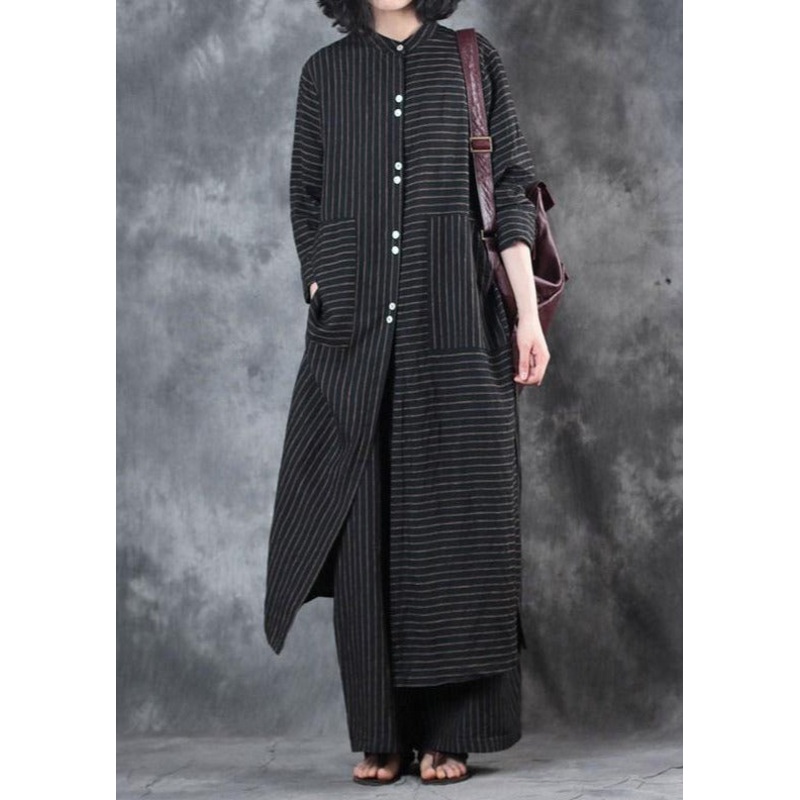 2022 Women Black Stand Collar Linen Long Shirt And Casual Wide Leg Pants Two Pieces