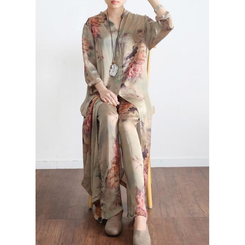 2023 New Vintage Prints Silk Cardigan Tops And Pants Two Pieces