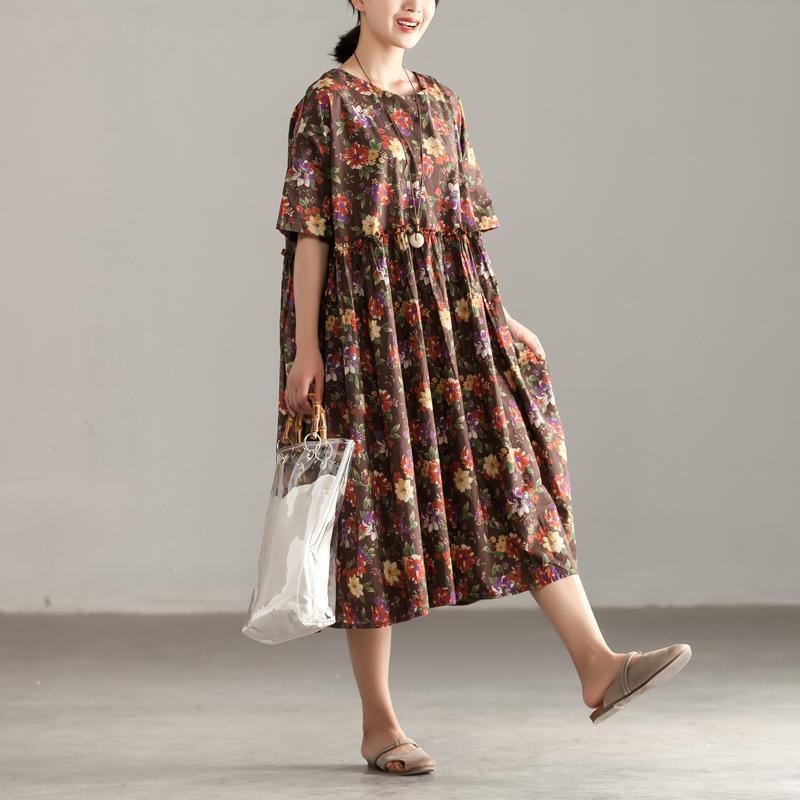 Casual Short Sleeve Floral Pockets Pleated Lacing Dress