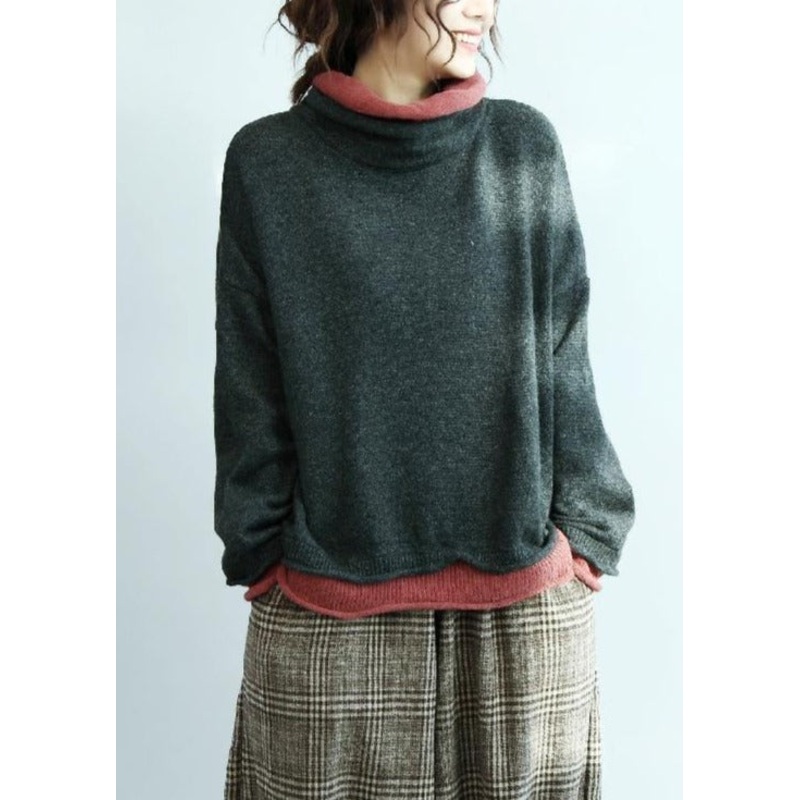 Comfy Long Sleeve High Neck Knitted Top Oversize Gray Knit Sweat Tops