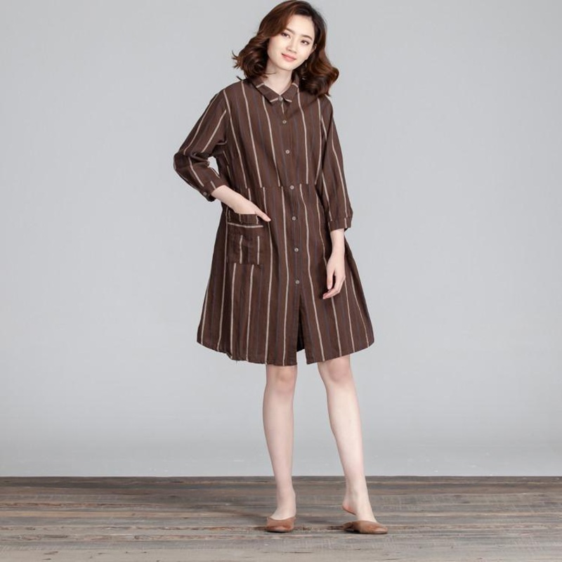 Cotton Women Splicing Casual Linen Loose Stripe Pocket Dress