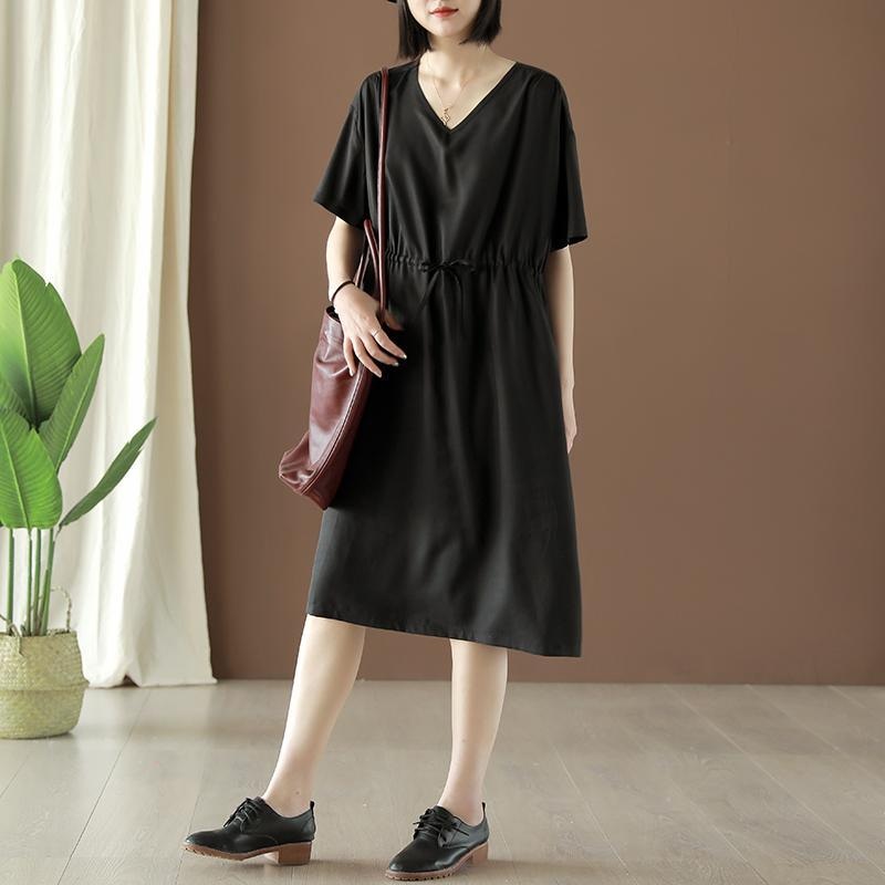 Drawstring Solid Color Women Summer V-Neck Dress