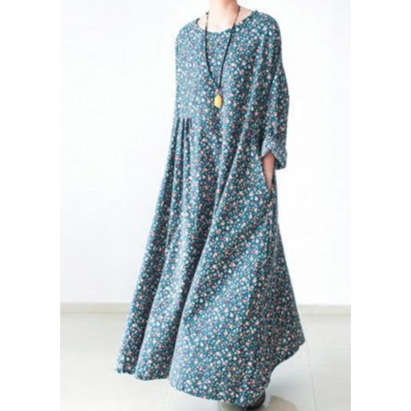 Green Floral Plus Size Cotton Dresses Long Sleeve Dresses Print Maxi Dresses