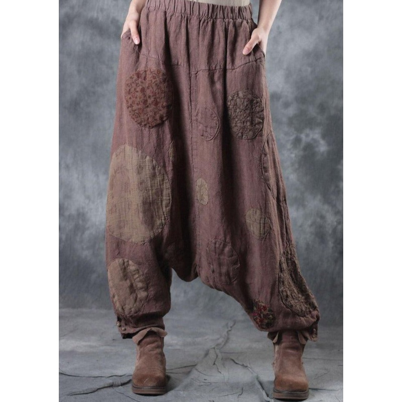 Light Khaki Casual Linen Pants Oversize Patchwork Wide Leg Pants