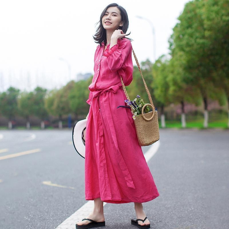 Linen Vintage Lace-Up Solid Women Dress